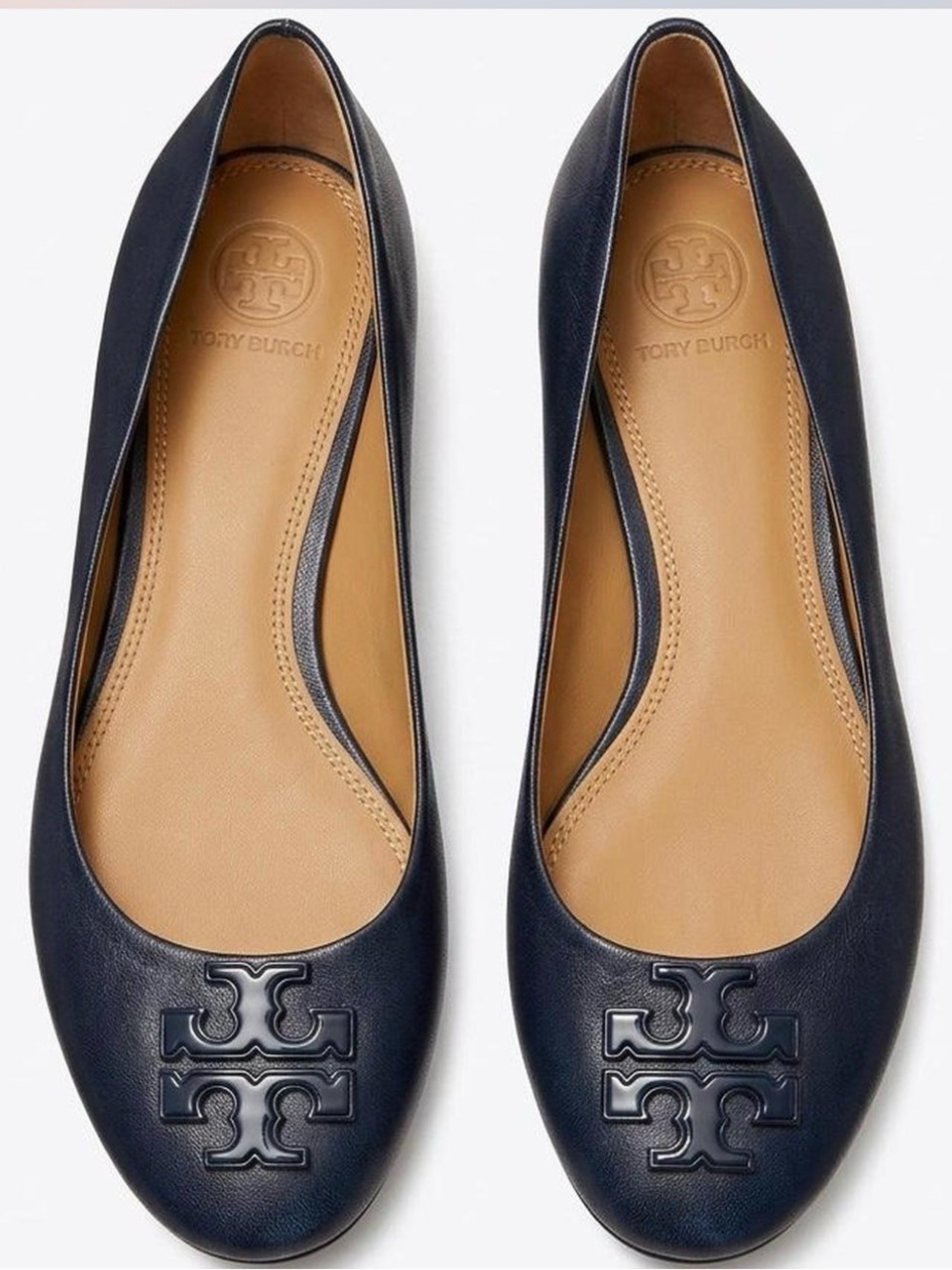 Tory Burch Navy Leather Logo Round-Toe Ballet Flats